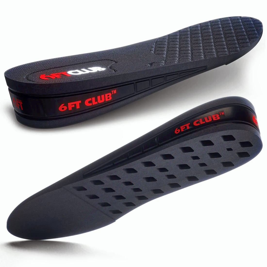 6FT Club height-boosting insole shown from two angles: the black perforated top surface with 6FT Club logo, and the side profile showing the stacked wedge midsole with 6FT Club printed on the edge