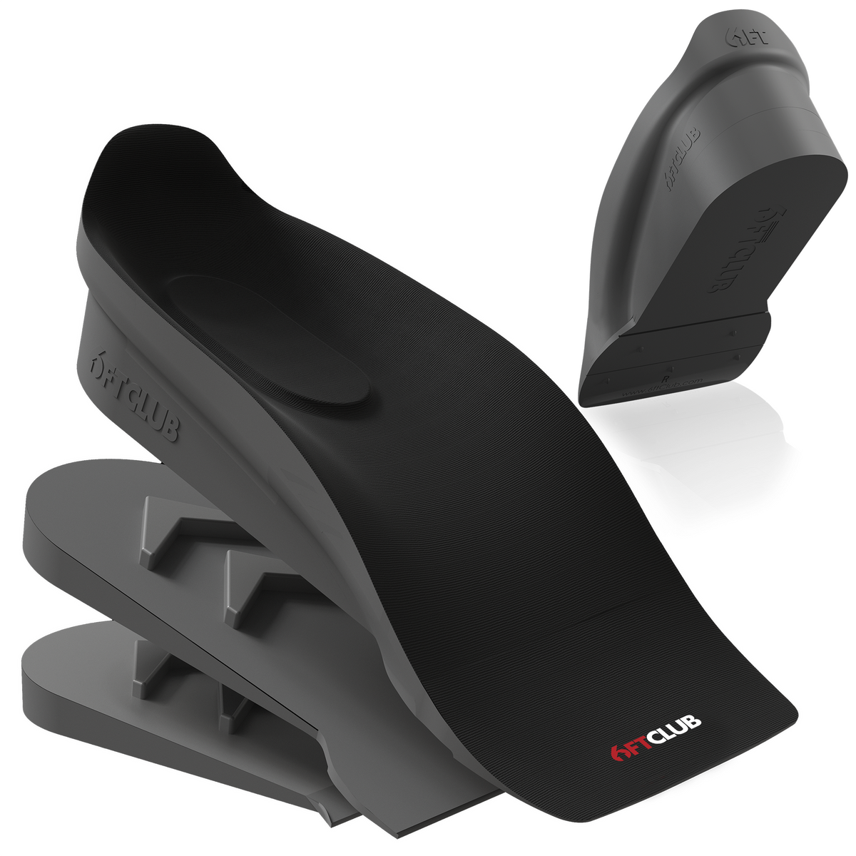 6FT Stealth black half-insole shown at an angle to reveal its heel-cup profile and 6FT Club branding, with a small back view of the heel cup in the top corner